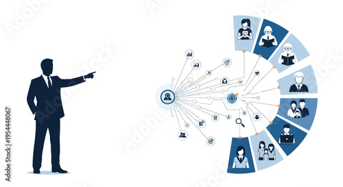 A business leader presents a network of connected people and digital icons