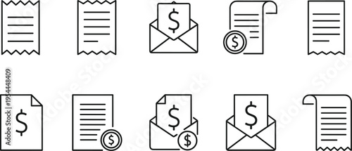 Financial Receipt and Invoice Icon Set Featuring Billing Documents, Envelopes with Dollar Symbols, and Transaction Slips in Flat Line Vector Style for Business Accounting.