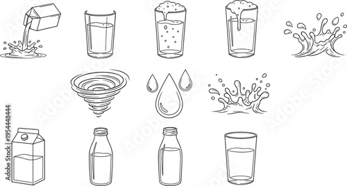 Milk and Water Beverage Icon Set Featuring Dairy Cartons, Glass Bottles, Fresh Splashes, Liquid Droplets, and Pouring Drinks in Black and White Vector Illustration.