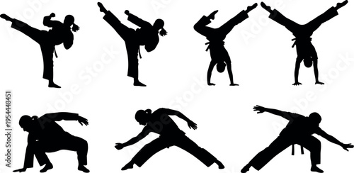 Martial arts athlete silhouette set performing high kicks, handstands and dynamic combat stances, fitness training and self defense action concept vector illustration isolated.