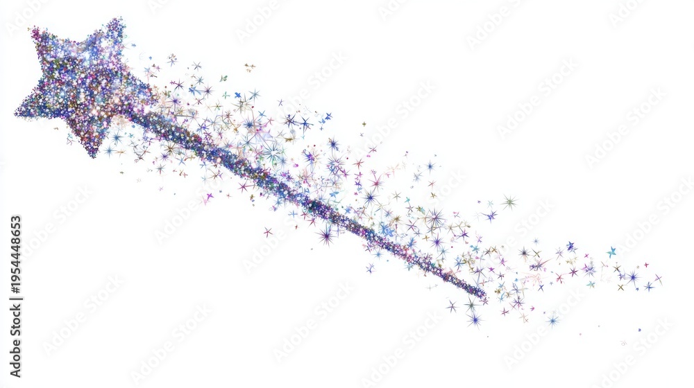 Naklejka premium Cute Clipart Wand with Sparkling Stars and Glitter Trail on White Background for Magical Designs