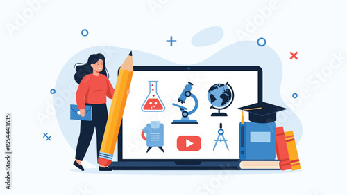 Online education and digital learning concept showing woman with pencil and laptop featuring science and geography icons for school.