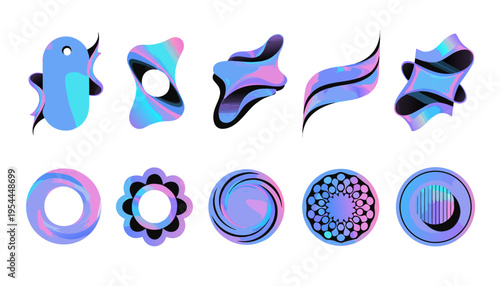 Ten abstract fluid shapes displaying vibrant holographic gradients of bright cyan, magenta, and deep blue against a pure white background for modern design accents.