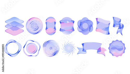 Set of delicate watercolor-style abstract emblems and swirling circular frames rendered in soft lavender and pale pink gradients for branding projects.