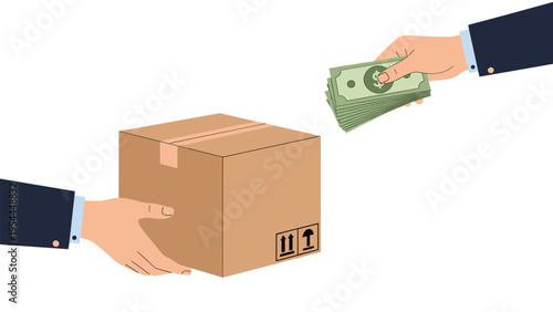 Cash on delivery service concept showing hand paying stack of money for cardboard package box from courier on white background.