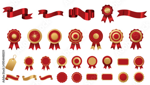Numerous shiny red and gold award seals, rosettes, ribbons, and hanging tags arranged in rows signifying achievement and quality assurance certification.
