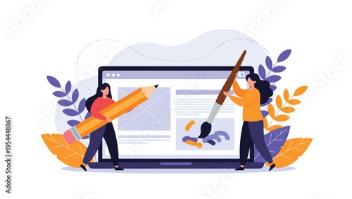Web design and creative development concept with women using large pencil and brush to build a website on laptop screen backdrop.