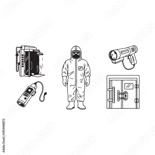 Line drawing of a hazmat suit and various safety equipment for hazardous materials handling and containment