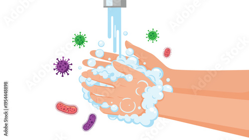 Hygiene and health protection showing hands being washed with soap under water to kill colorful viruses and bacteria germs.