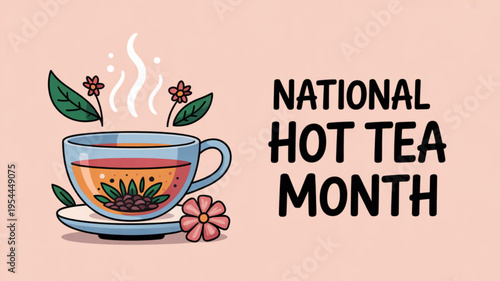 Steaming hot tea cup with flowers and leaves on pink background celebrating national hot tea month