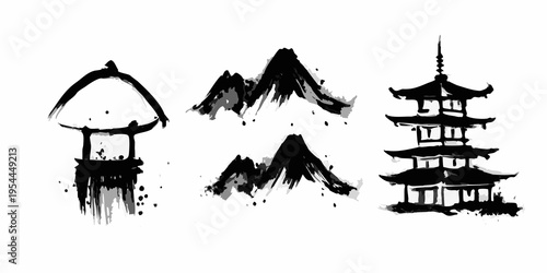 Ink wash painting of traditional asian architecture and mountain landscapes