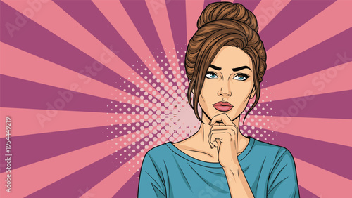 Beautiful pensive woman in pop art style with a thoughtful expression resting her chin on her hand against a retro background.