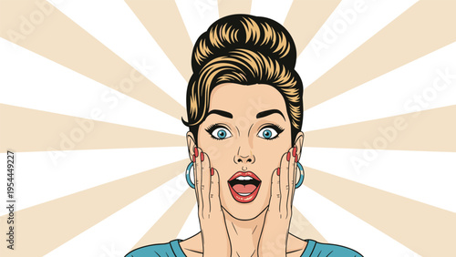 Expressive portrait of a surprised woman in pop art style with hands on her face and wide eyes against a ray burst background.