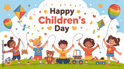 Happy children's day celebration with diverse kids playing outside on a sunny day with balloons and toys