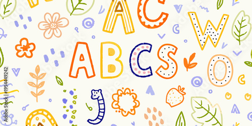 Colorful hand drawn letters flowers and whimsical shapes on a white background