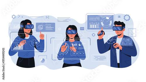 Innovative virtual reality experience with a group of people wearing headsets and interacting with digital data and charts.