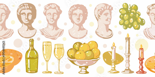 Classical busts fruit and candles in a seamless pattern design