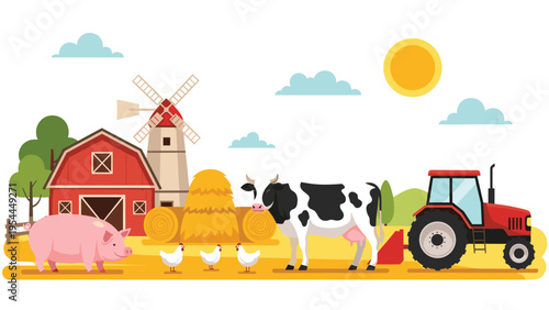 Idyllic organic farm scene with a classic red barn, windmill, red tractor, and various livestock including cows, pigs, and hens.