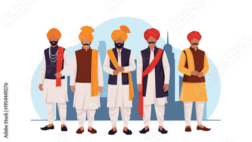 Group of Indian men wearing colorful traditional turbans and cultural attire standing proudly against a blue city backdrop.