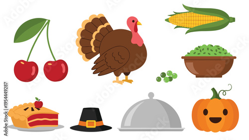 Comprehensive set of traditional Thanksgiving dinner icons including roasted turkey, pumpkin, corn, pie, and pilgrim hat.