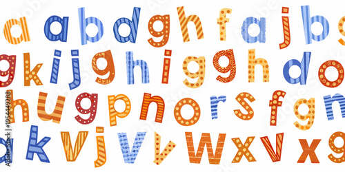 Colorful patterned alphabet letters arranged in a chaotic playful display