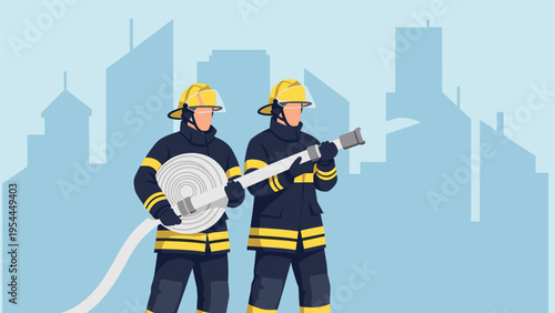 Brave firefighters in full protective gear holding a high pressure fire hose against a hazy blue city skyline background.