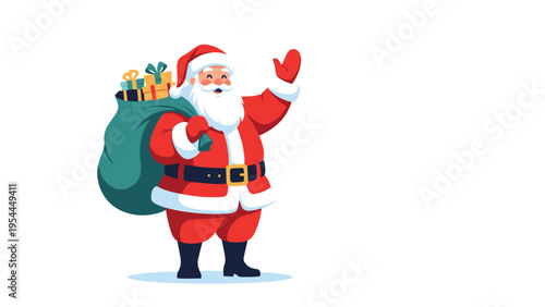 Santa Claus character waving hand and carrying green sack full of wrapped gift boxes on white background for christmas greeting.
