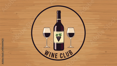 Wine club logo featuring a dark wine bottle and two filled glasses centered in a circle on a realistic wooden texture background.