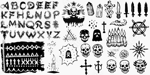 A collection of gothic lettering skulls weapons and occult symbols
