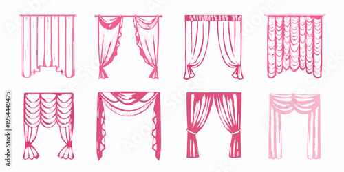 Collection of hand drawn curtain designs in various styles and shapes