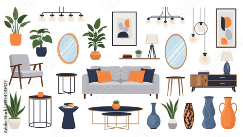 Modern interior design and furniture set including sofa armchair tables lamps plants mirrors and decorative vases items.