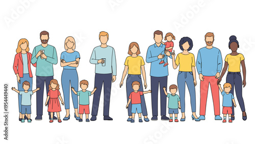 Large group of diverse people including men women and children standing together in casual clothing as a representation of community.
