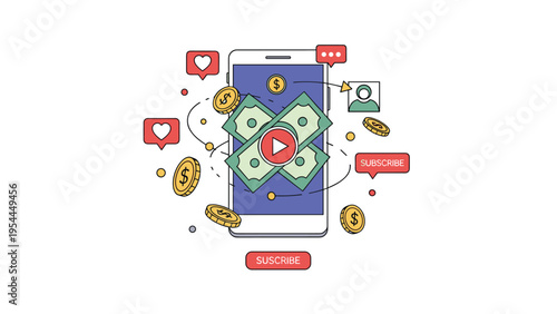 Social media monetization and video marketing concept featuring smartphone with banknotes coins like share and subscribe icons.