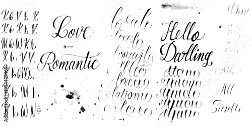 Hand lettered romantic phrases and words in elegant calligraphy style