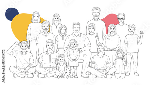 Detailed line art illustration of a large family gathering with people of various ages including children parents and grandparents.