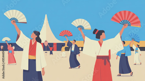Women in traditional asian clothing hold colorful fans outdoors in a lively cultural festival scene
