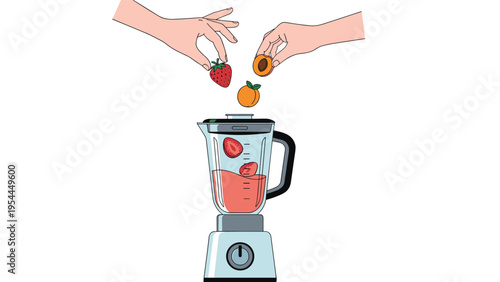 Healthy lifestyle and nutrition concept showing two hands adding strawberry and apricot fruits into a blender for smoothie.