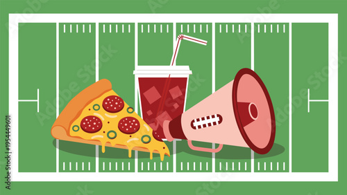 Slice of pepperoni pizza a soda cup and a megaphone placed on an american football field for a sports viewing party concept.