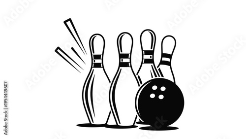 Black and white illustration of a bowling ball striking several pins with action lines to depict movement and sports activity.