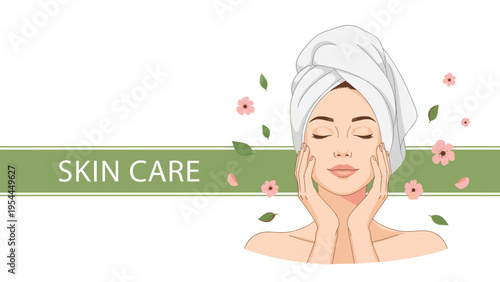 Natural skin care and wellness concept with woman in towel touching her face surrounded by flowers and green leaves.