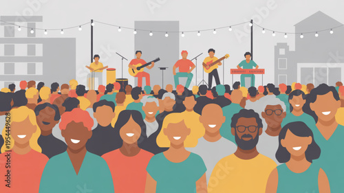 Diverse crowd enjoying live outdoor concert with band on stage in city setting with string lights