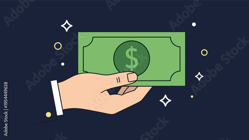 Financial wealth and business success concept showing human hand holding green dollar banknote on dark blue background.