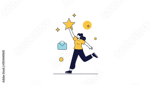 Personal goals and motivation concept showing woman jumping to reach a big gold star next to an envelope graphic icon.