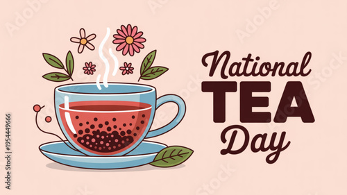 National tea day celebration with steaming cup of tea and flowers on saucer symbolizing relaxation and warmth