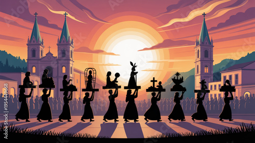 Chess pieces in a town square at sunset with a church in the background
