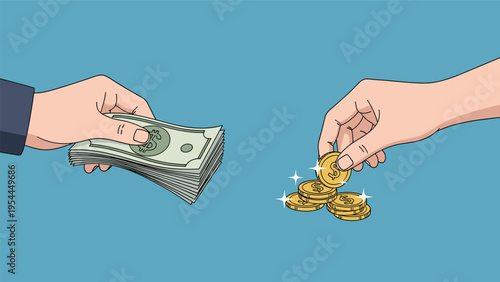 Fair trade and currency exchange concept showing two hands exchanging a stack of dollar bills for gold coins on blue.