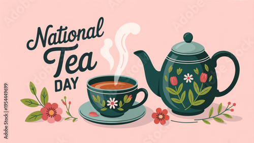 National tea day illustration with teacup teapot and flowers on pink background celebrating a cozy moment