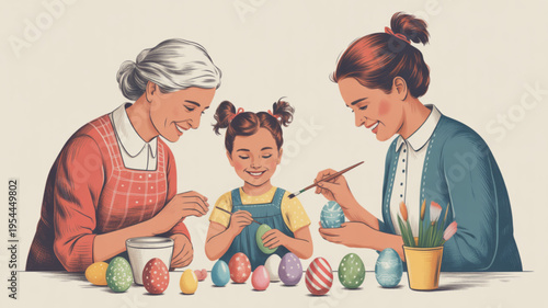 Three generations of women painting and decorating colorful easter eggs together at a table