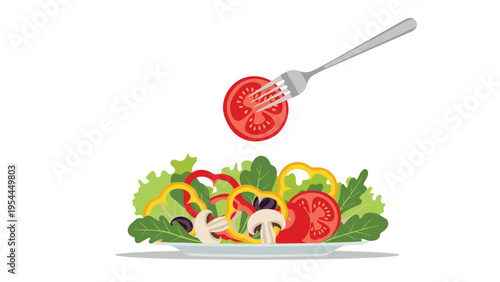 Healthy fresh vegetable salad on a white plate with a fork holding a slice of tomato against a clean white background.