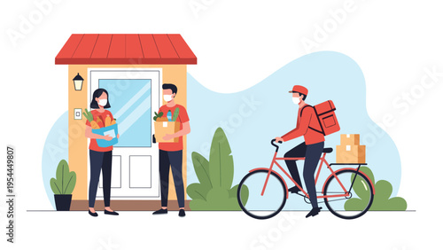 Delivery person on a bicycle bringing groceries to a couple wearing face masks during a pandemic for safe service concepts.